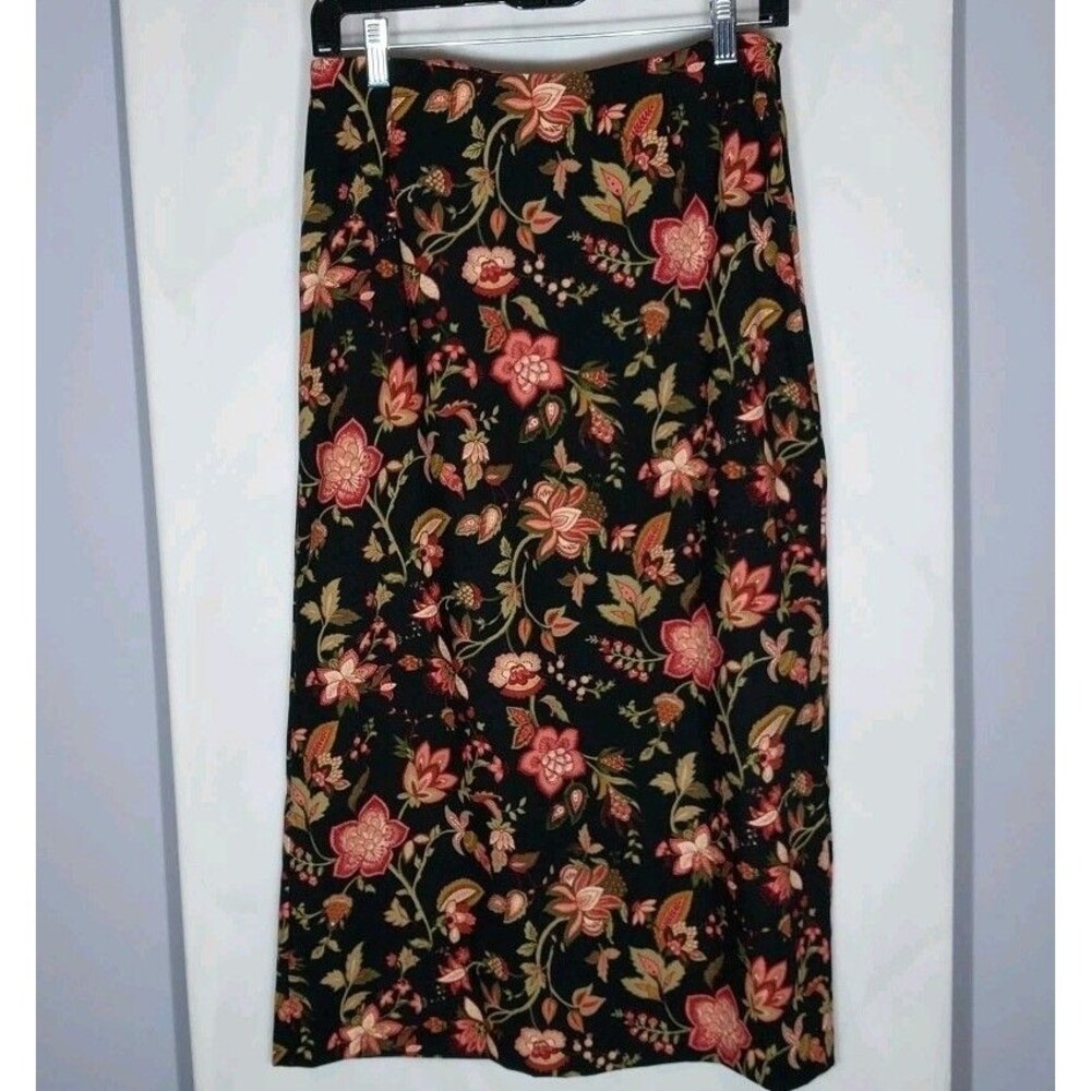 Studio Works Petite Floral Midi Skirt 8P Black Career Office Boho Back Slit